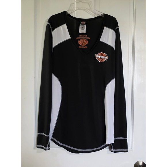 Harley-Davidson Tops - Harley-Davidson Women Black White Long Sleeve V-Neck Performance Shirt Large